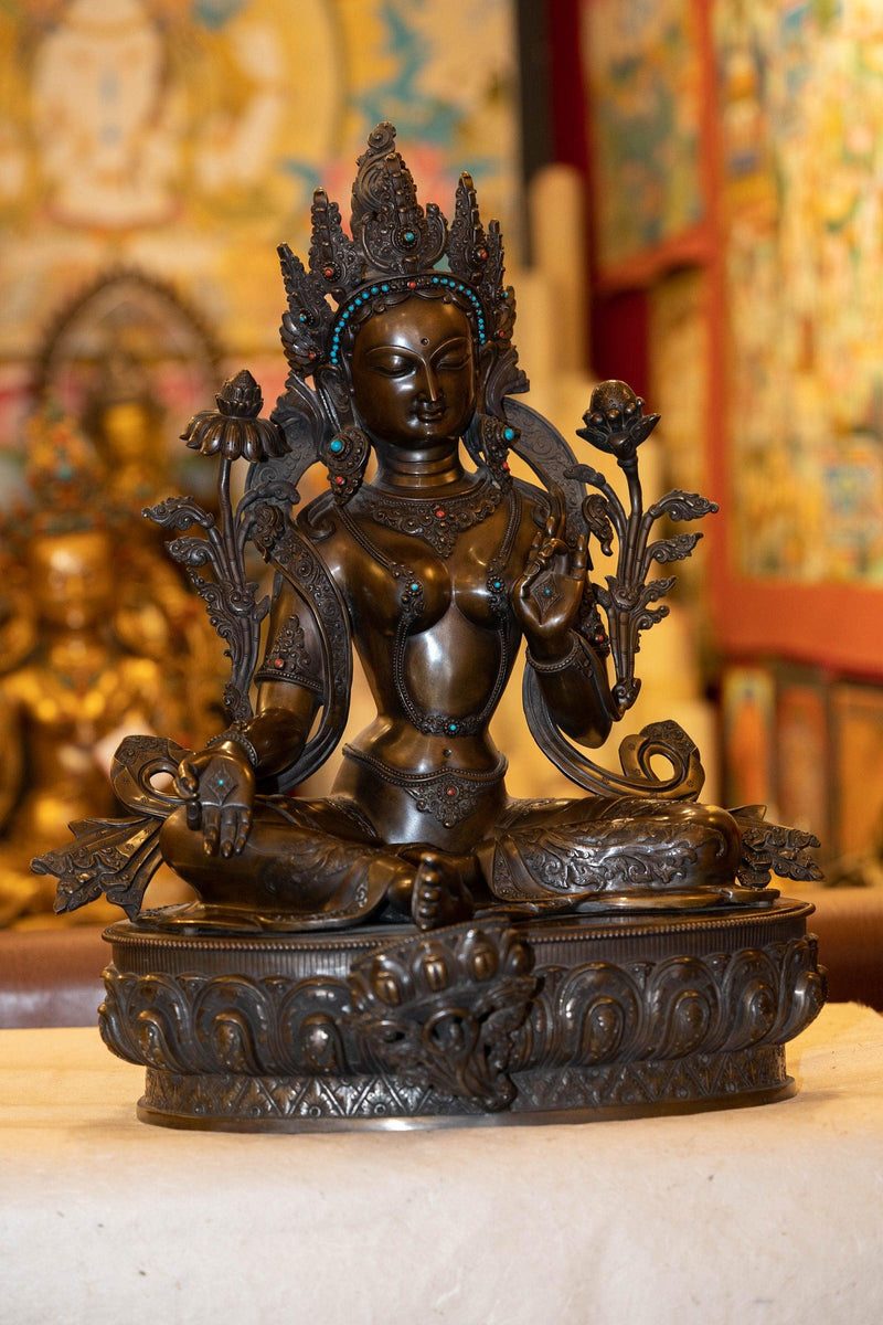 Copper Oxidized Green Tara Statue with coral and turquoise large size handmade