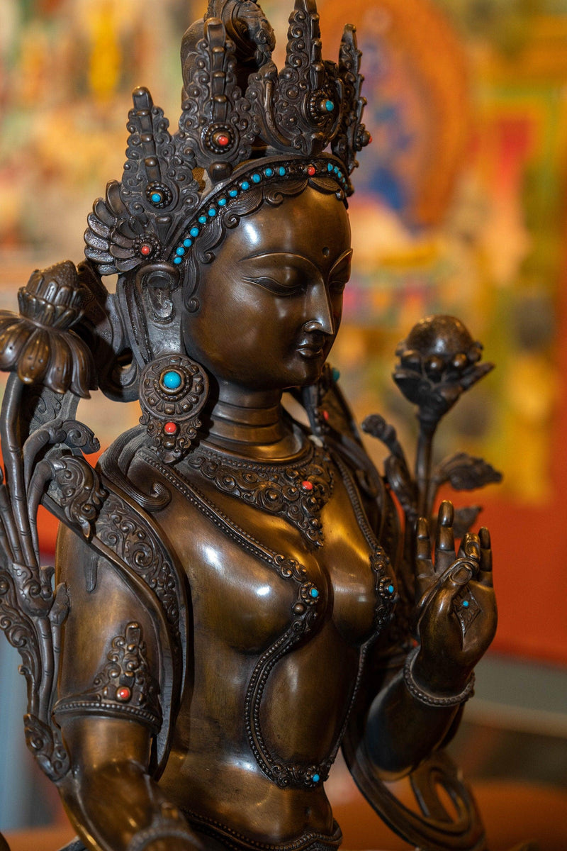 Copper Oxidized Green Tara Statue with coral and turquoise large size handmade