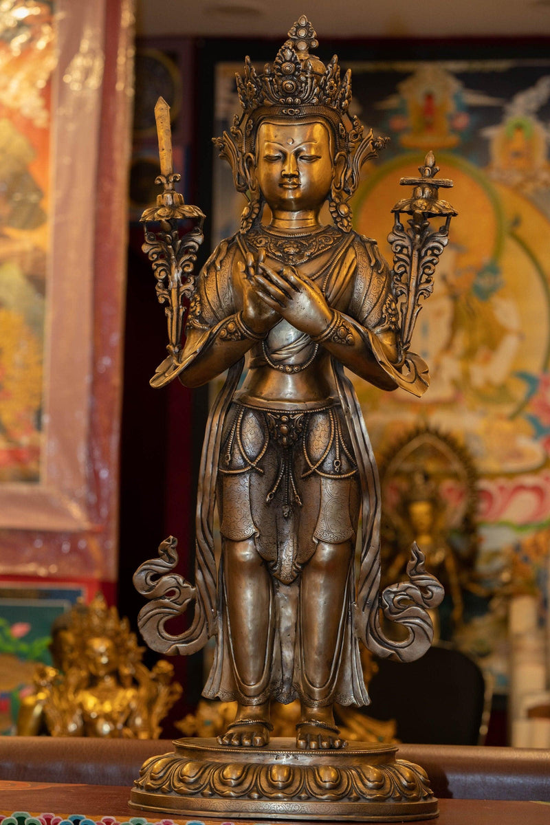 Bronze Manjushri Standing statue handmade in Nepal with detail art work.