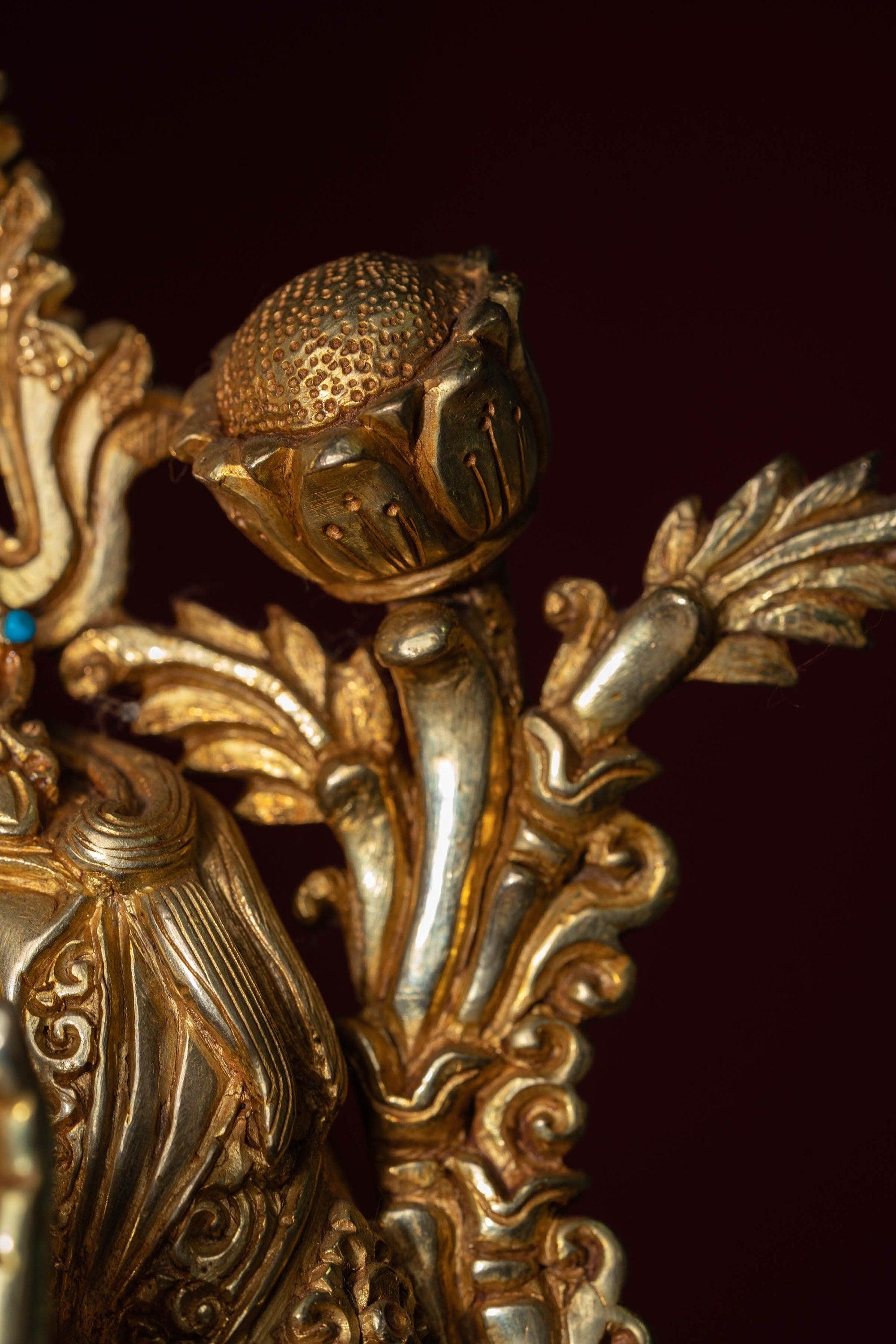 Green tara pure gold statue with coral and turquoise handmade statue 