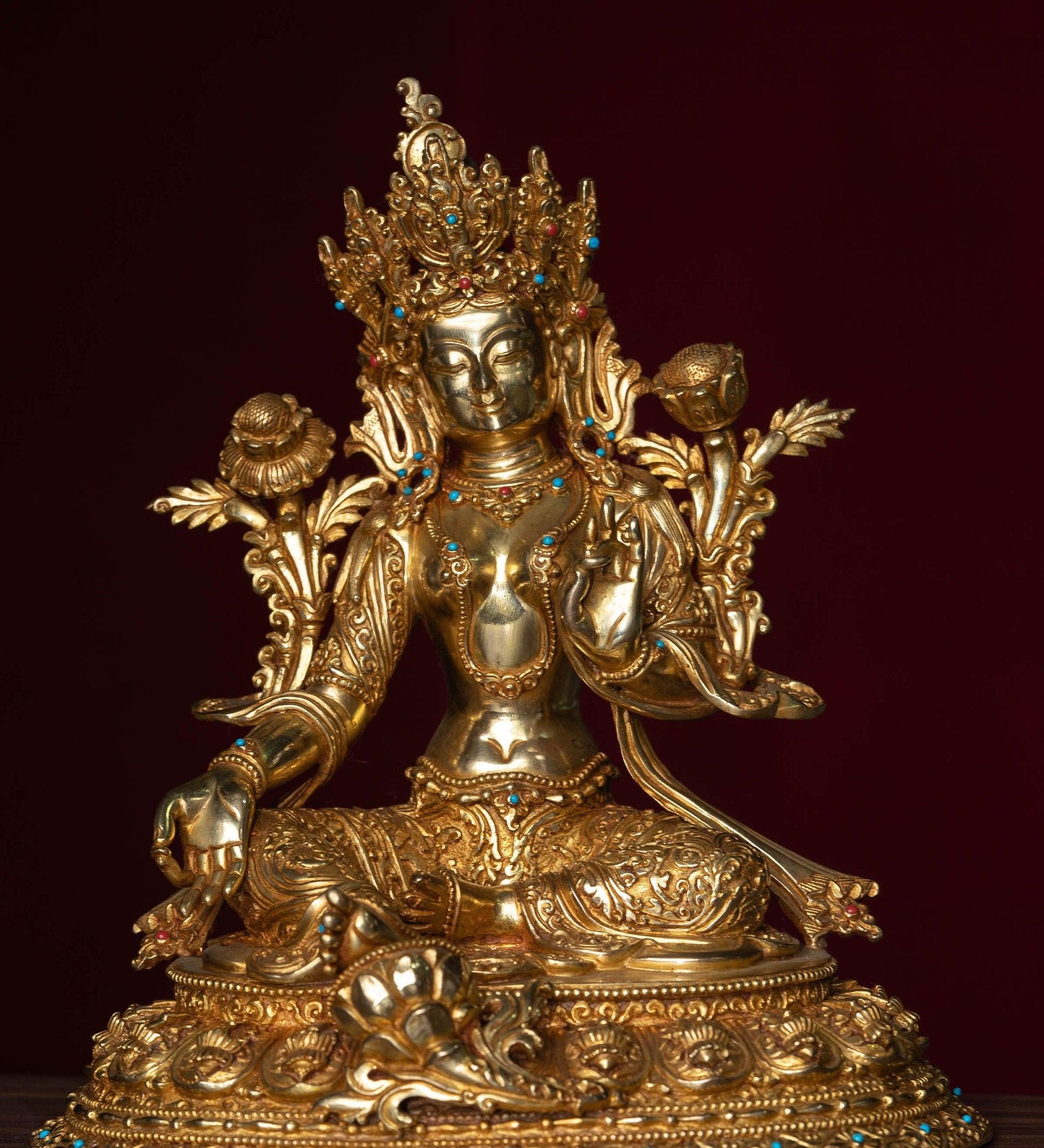 Green tara pure gold statue with coral and turquoise handmade statue 