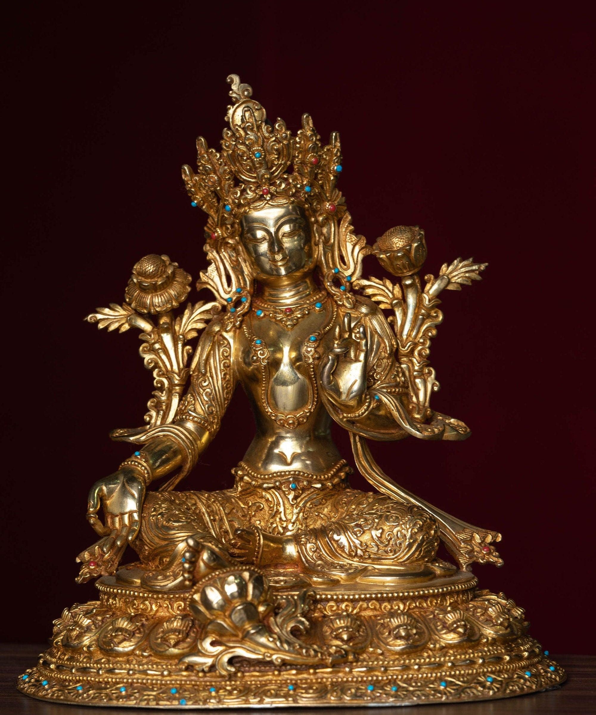 Green tara pure gold statue with coral and turquoise handmade statue 