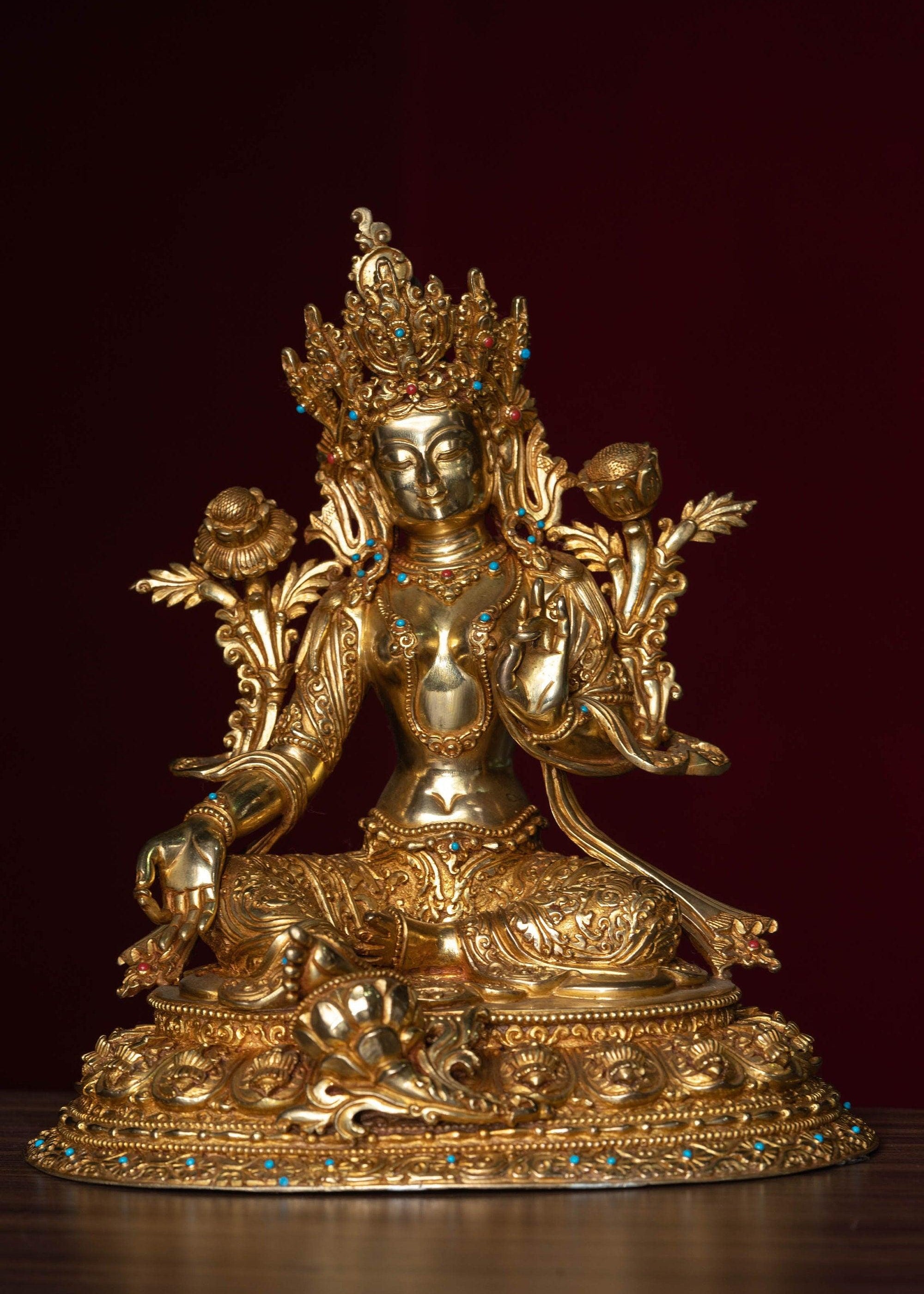 Green tara pure gold statue with coral and turquoise handmade statue 