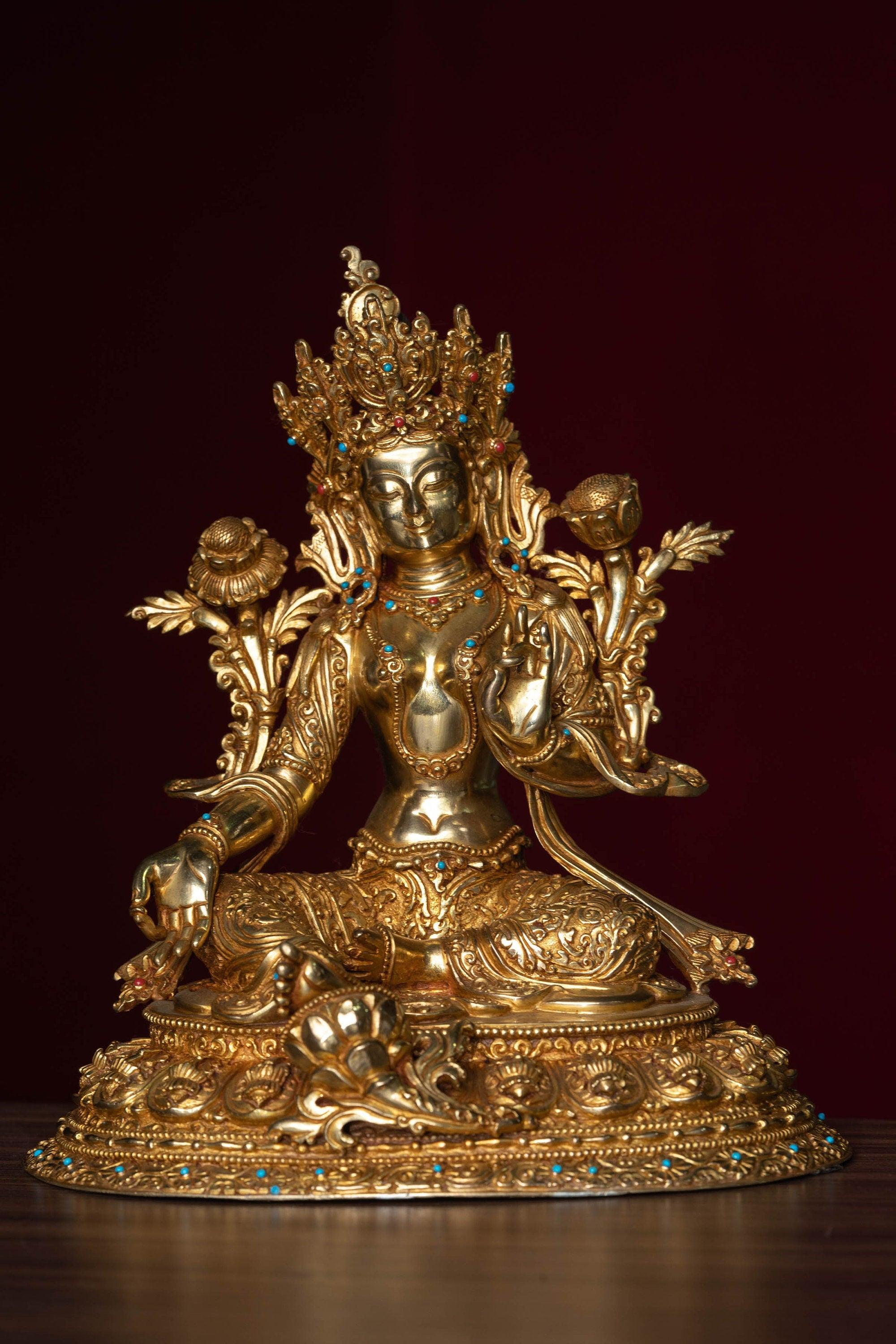 Green tara pure gold statue with coral and turquoise handmade statue 