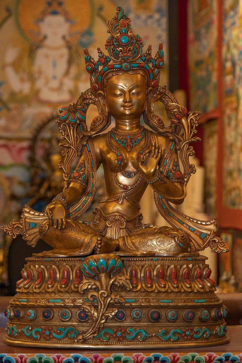 Green Tara statue gold with turquoise and ruby