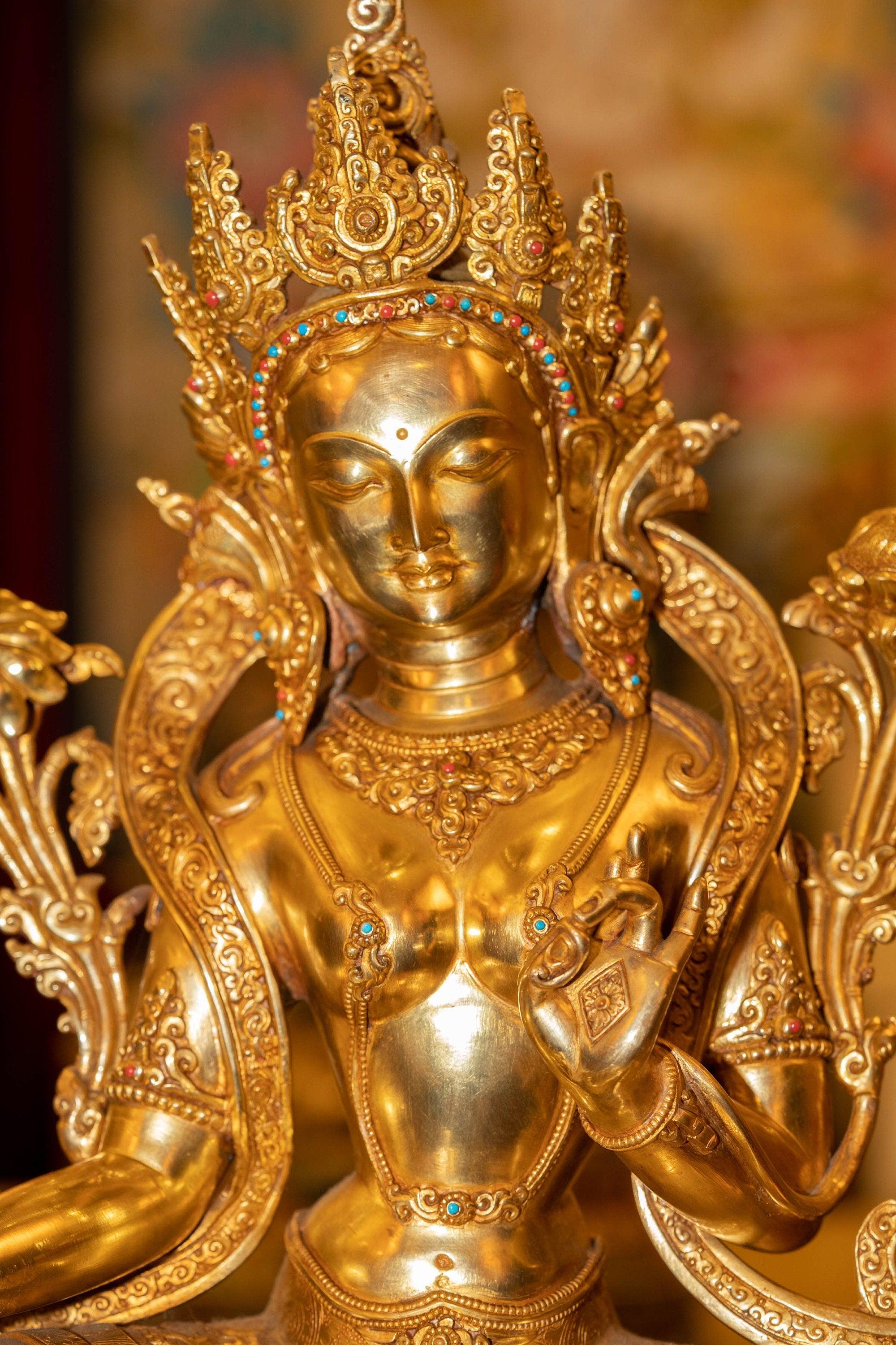 Green Tara Statue with Gold Plating - Himalayas Shop