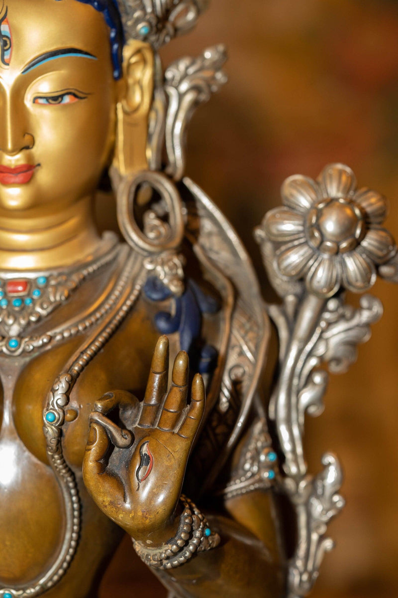 White tara statue with silver robes, crown and ruby turquoise jewelry in large size handmade metal statue