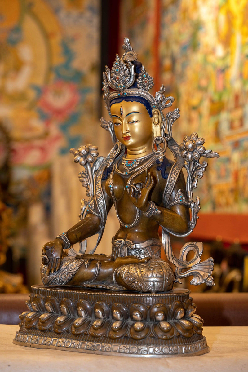 White tara statue with silver robes, crown and ruby turquoise jewelry in large size handmade metal statue  