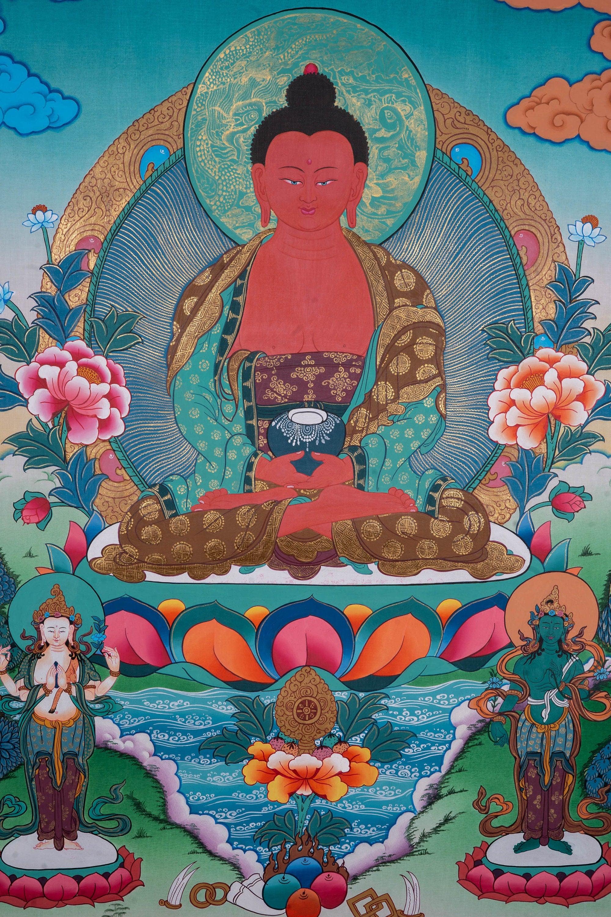 Long Life Amitabha Buddha Thangka - Himalayas Shop