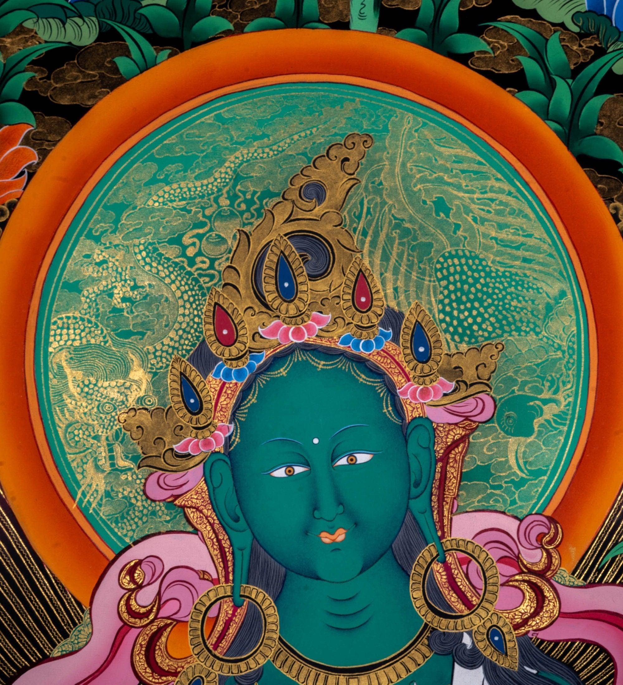 Beautiful Compassionate Green Tara Thangka Painting - Himalayas Shop