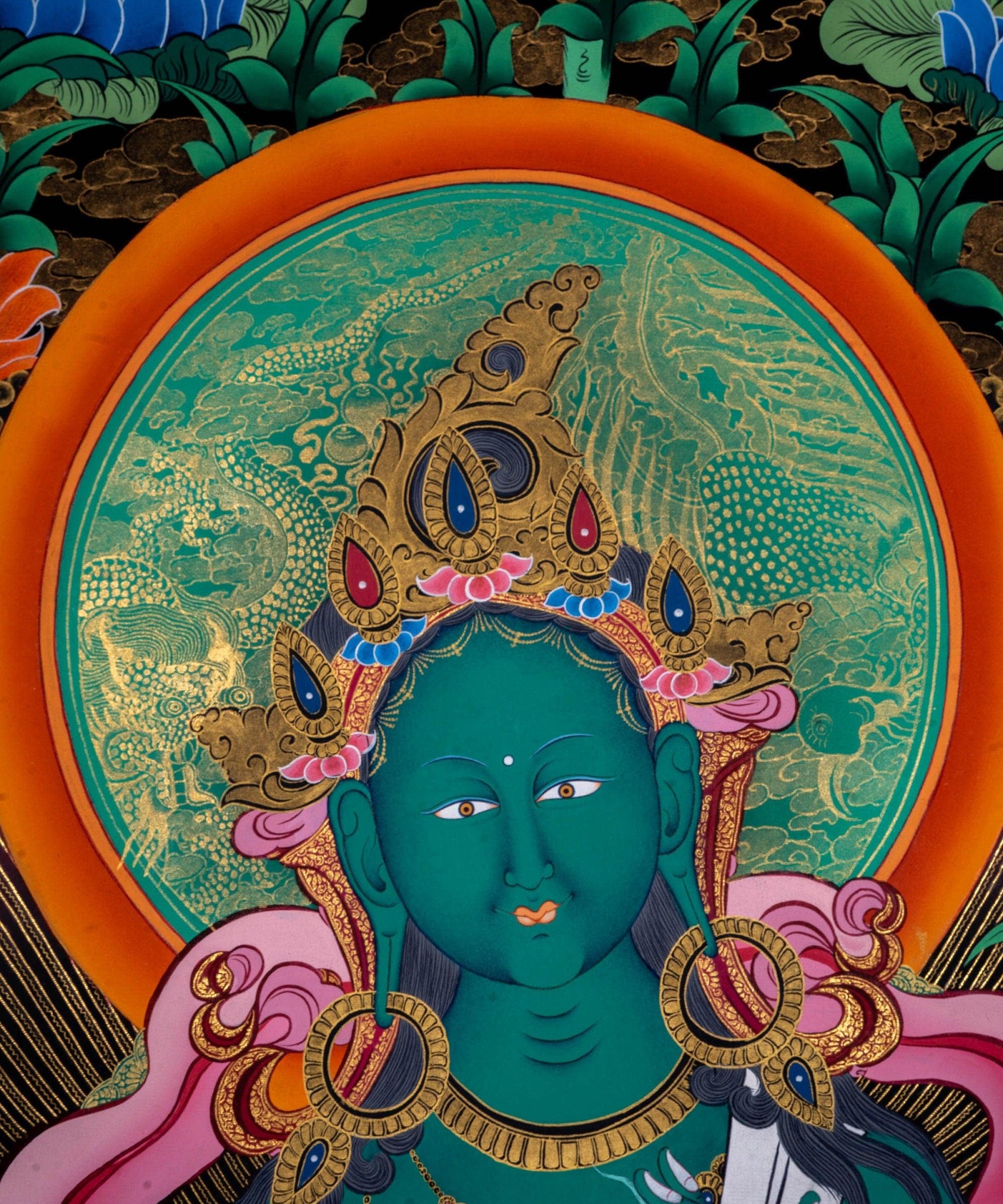 Beautiful Compassionate Green Tara Thangka Painting - Himalayas Shop