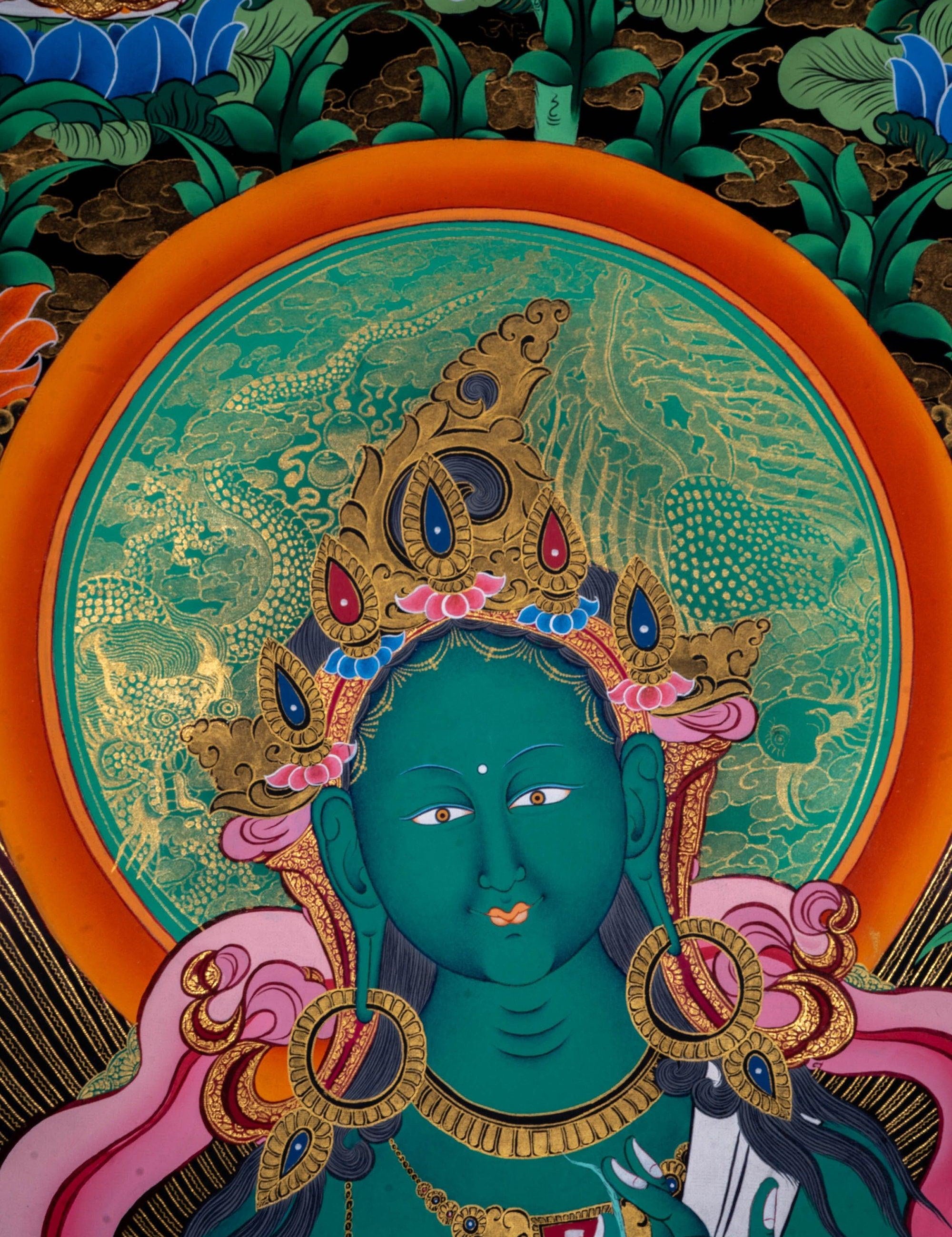 Beautiful Compassionate Green Tara Thangka Painting - Himalayas Shop