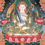 Manjushri Thangka painting in Chinese Art . Buddha of Wisdom and  cutting ignorance with his sword of flames.
