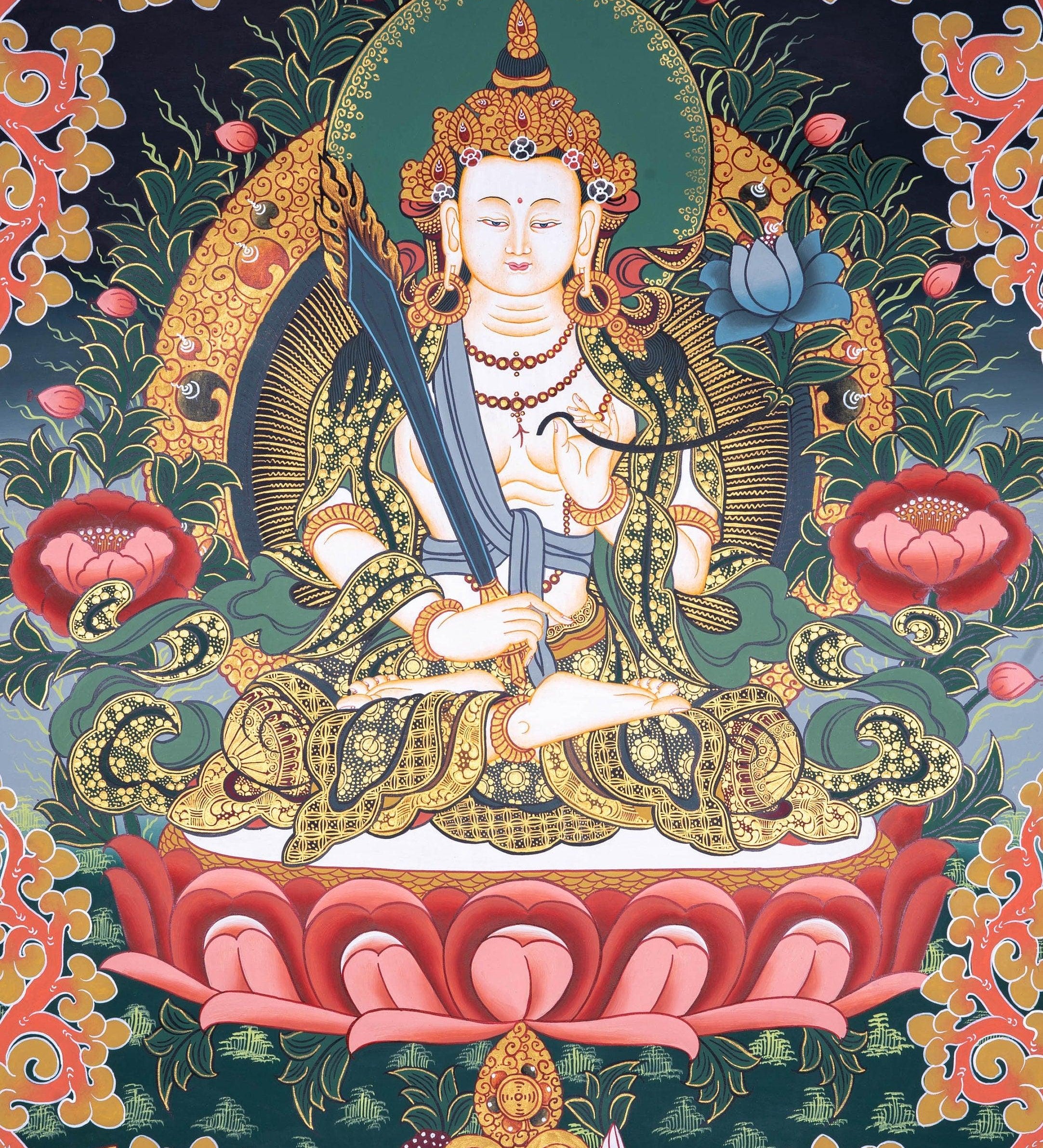 Manjushri Thangka painting in Chinese Art . Buddha of Wisdom and  cutting ignorance with his sword of flames.