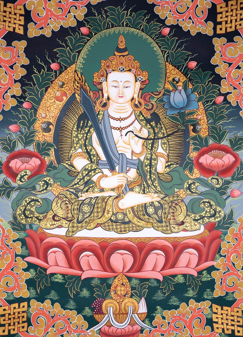 Manjushri Thangka painting in Chinese Art . Buddha of Wisdom and  cutting ignorance with his sword of flames.