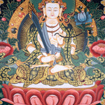 Manjushri Thangka painting in Chinese Art . Buddha of Wisdom and  cutting ignorance with his sword of flames.