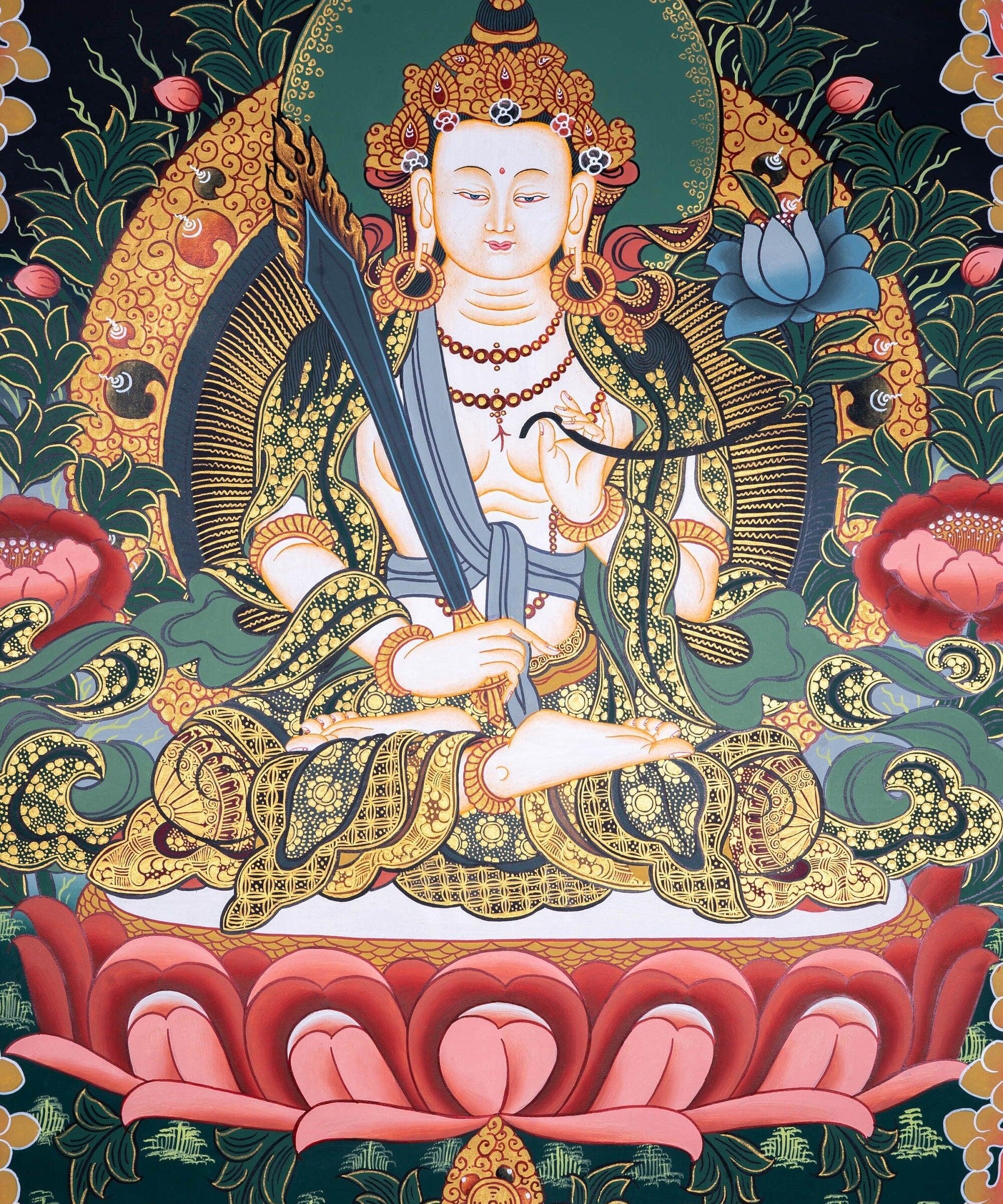 Manjushri Thangka painting in Chinese Art . Buddha of Wisdom and  cutting ignorance with his sword of flames.