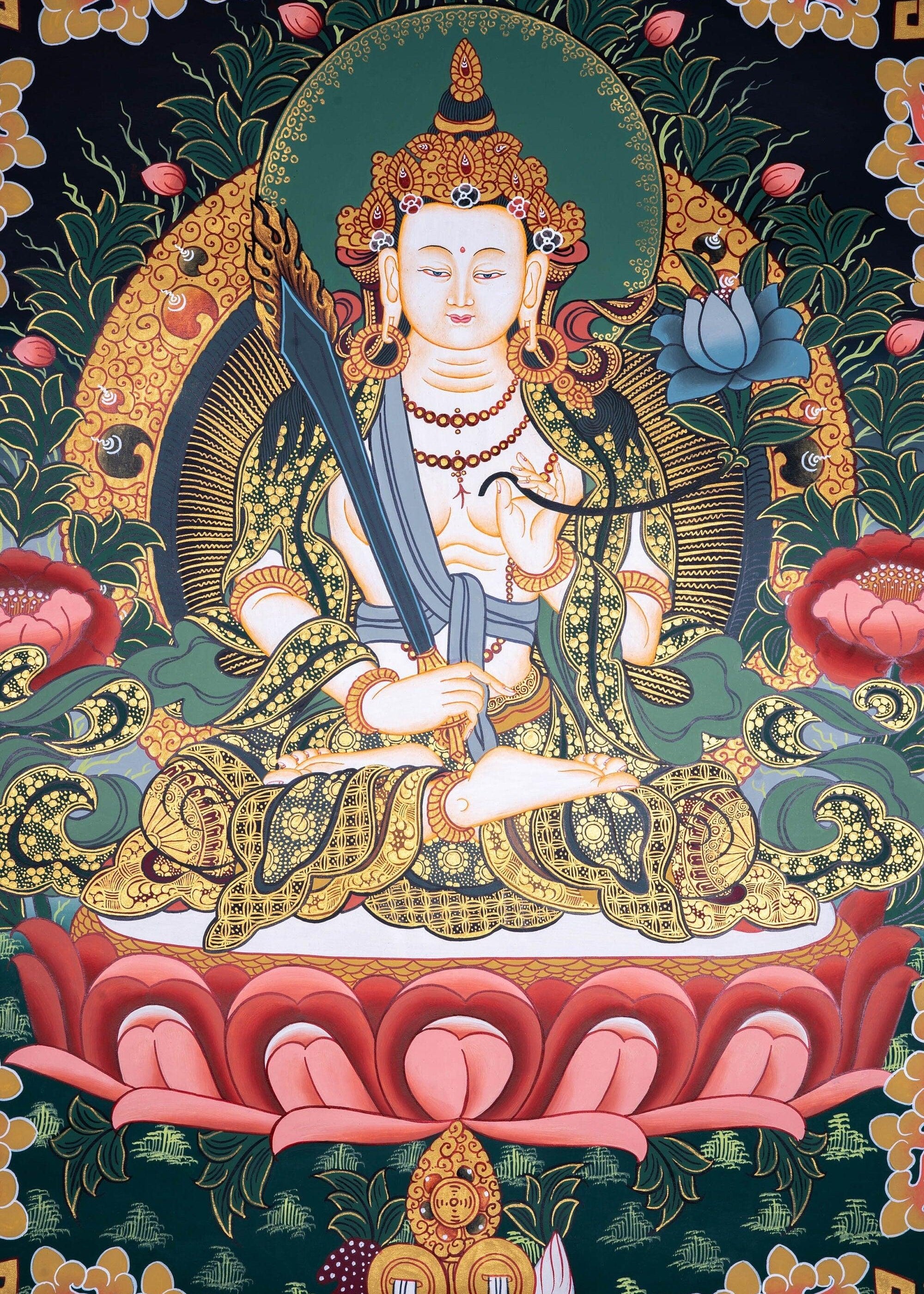 Manjushri Thangka painting in Chinese Art . Buddha of Wisdom and  cutting ignorance with his sword of flames.