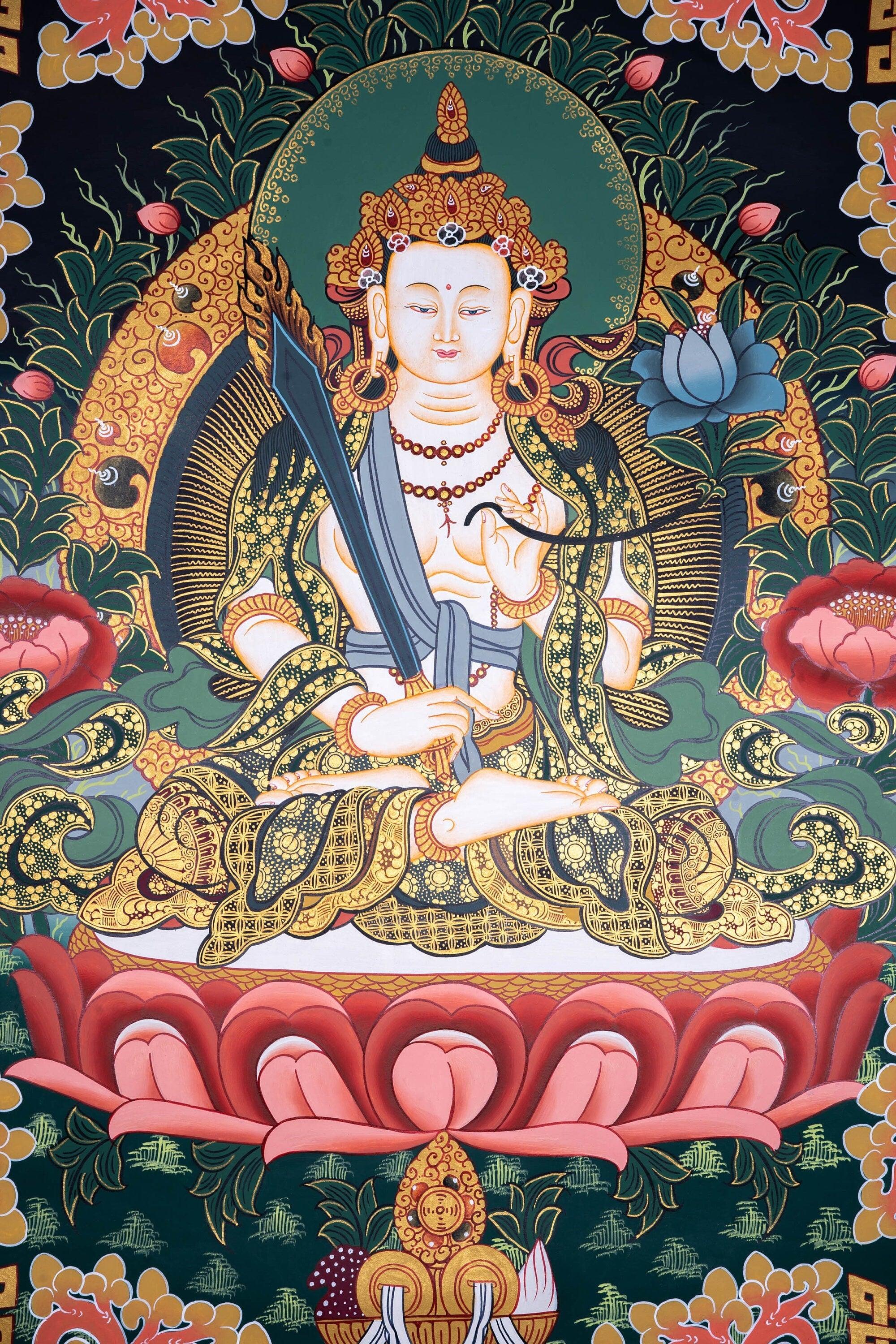 Manjushri Thangka painting in Chinese Art . Buddha of Wisdom and  cutting ignorance with his sword of flames.
