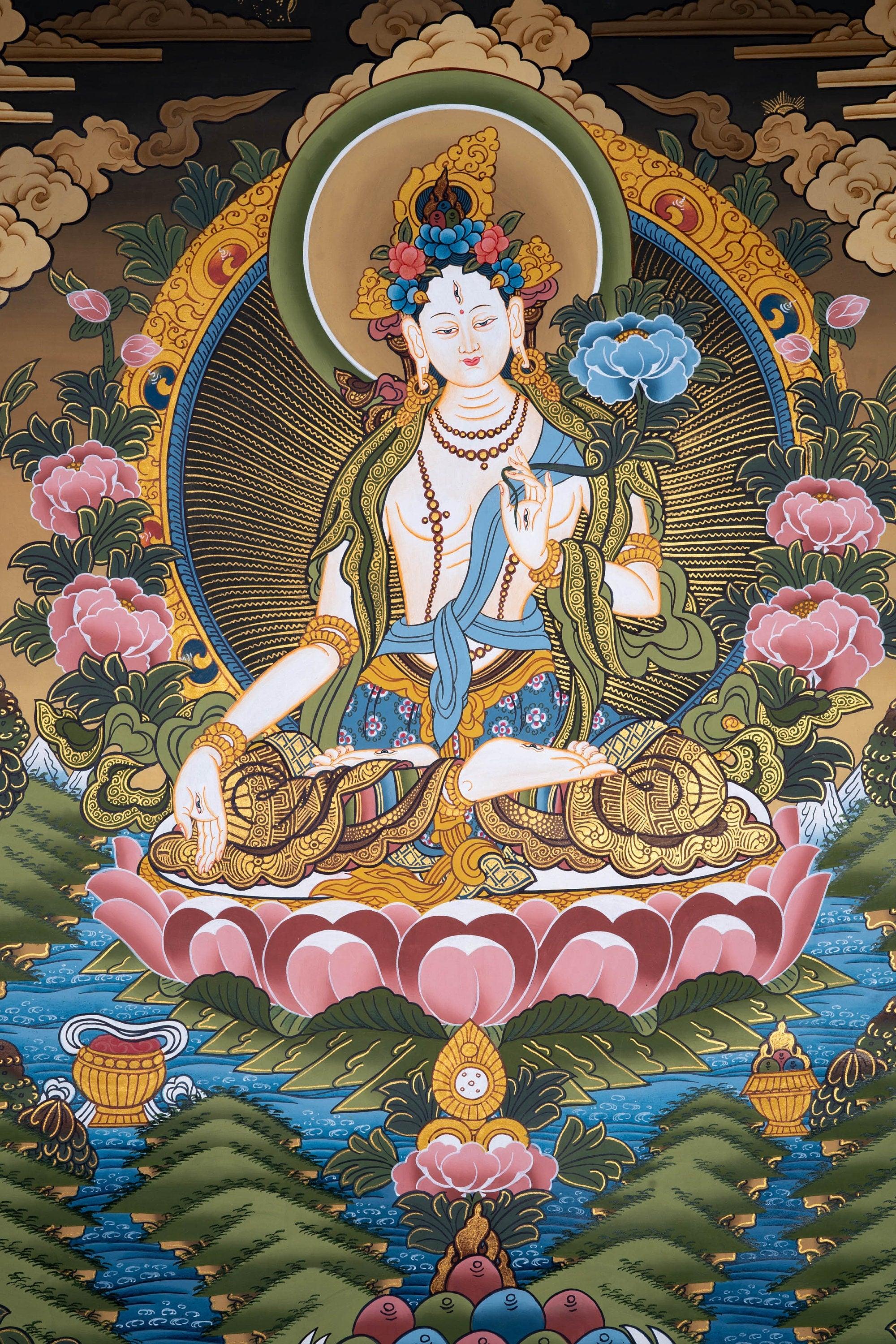 White Tara Thangka painting on canvas for wall hanging