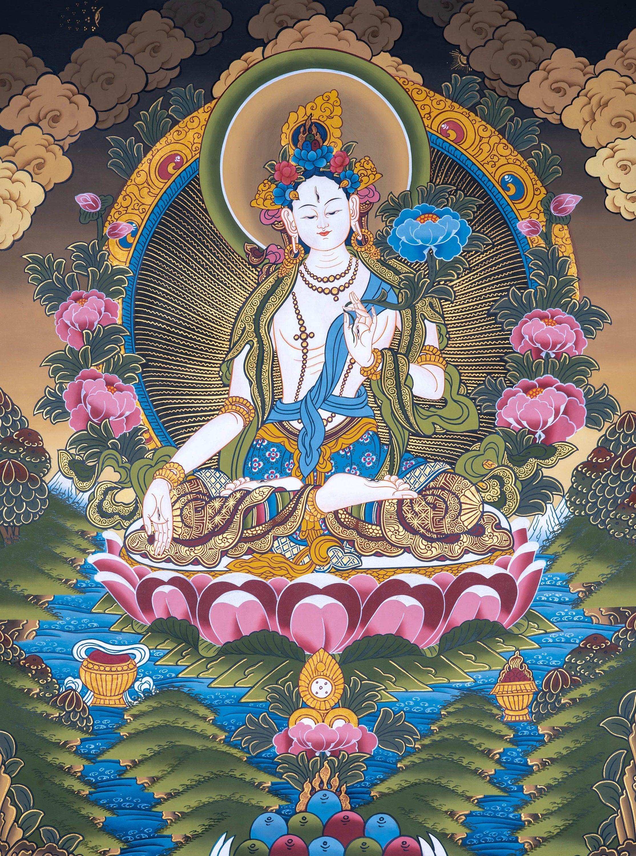 White Tara Thangka painting on canvas for wall hanging