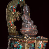 Crystal Statue of Buddha with Metal craft gold plated throne with ruby , turquoise and lapis