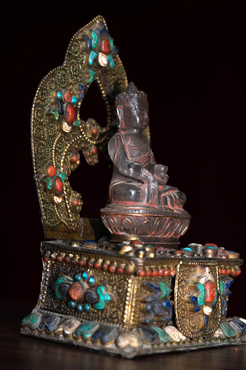 Crystal Statue of Buddha with Metal craft gold plated throne with ruby , turquoise and lapis