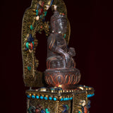 Crystal Statue of Buddha with Metal craft gold plated throne with ruby , turquoise and lapis