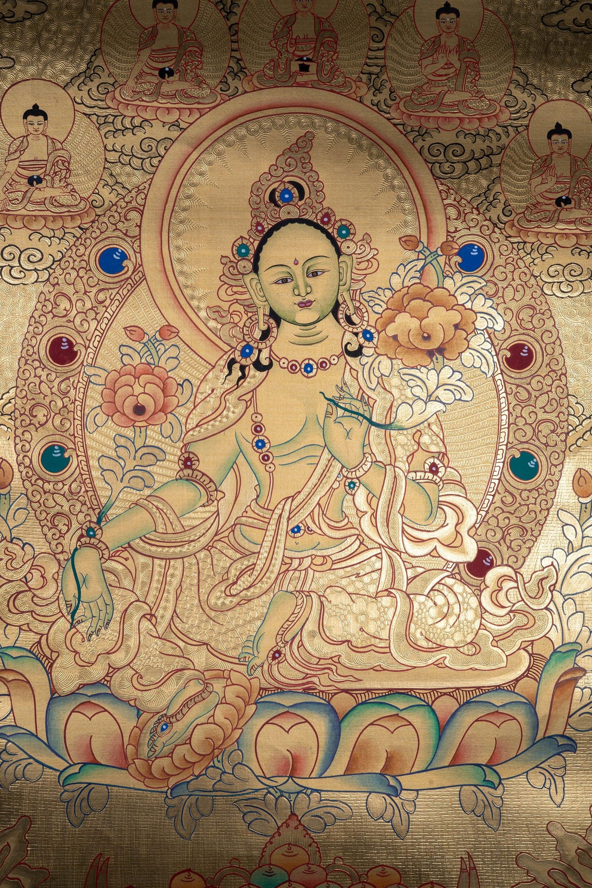 Gold Painted Green Tara Thangka - Himalayas Shop