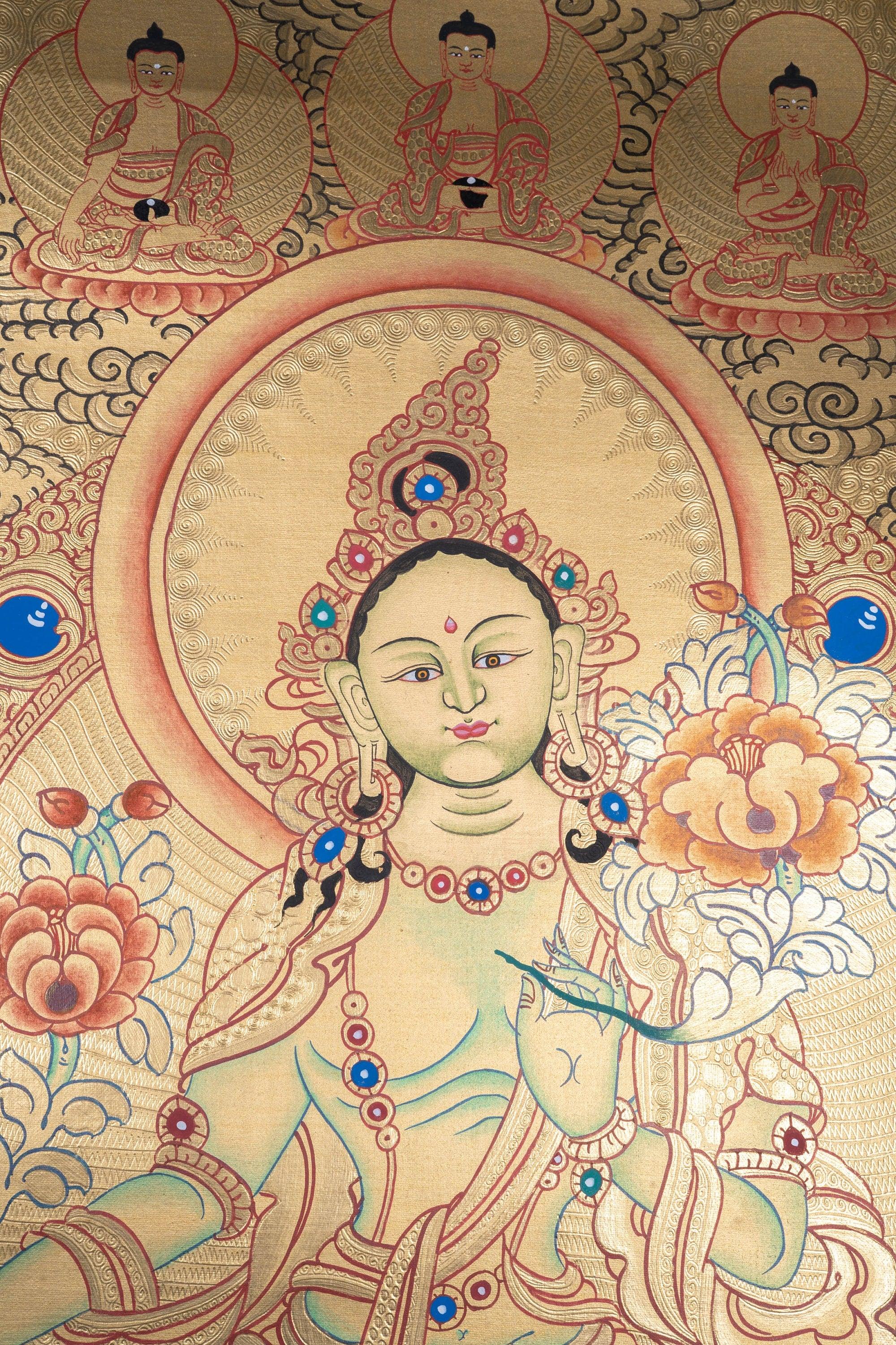 Gold Painted Green Tara Thangka - Himalayas Shop