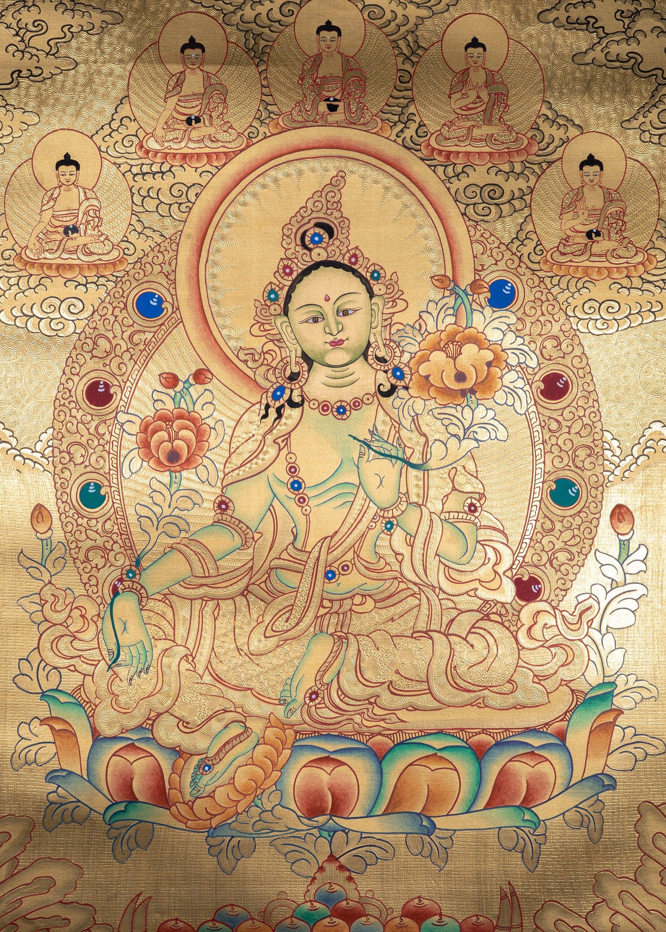 Gold Painted Green Tara Thangka - Himalayas Shop