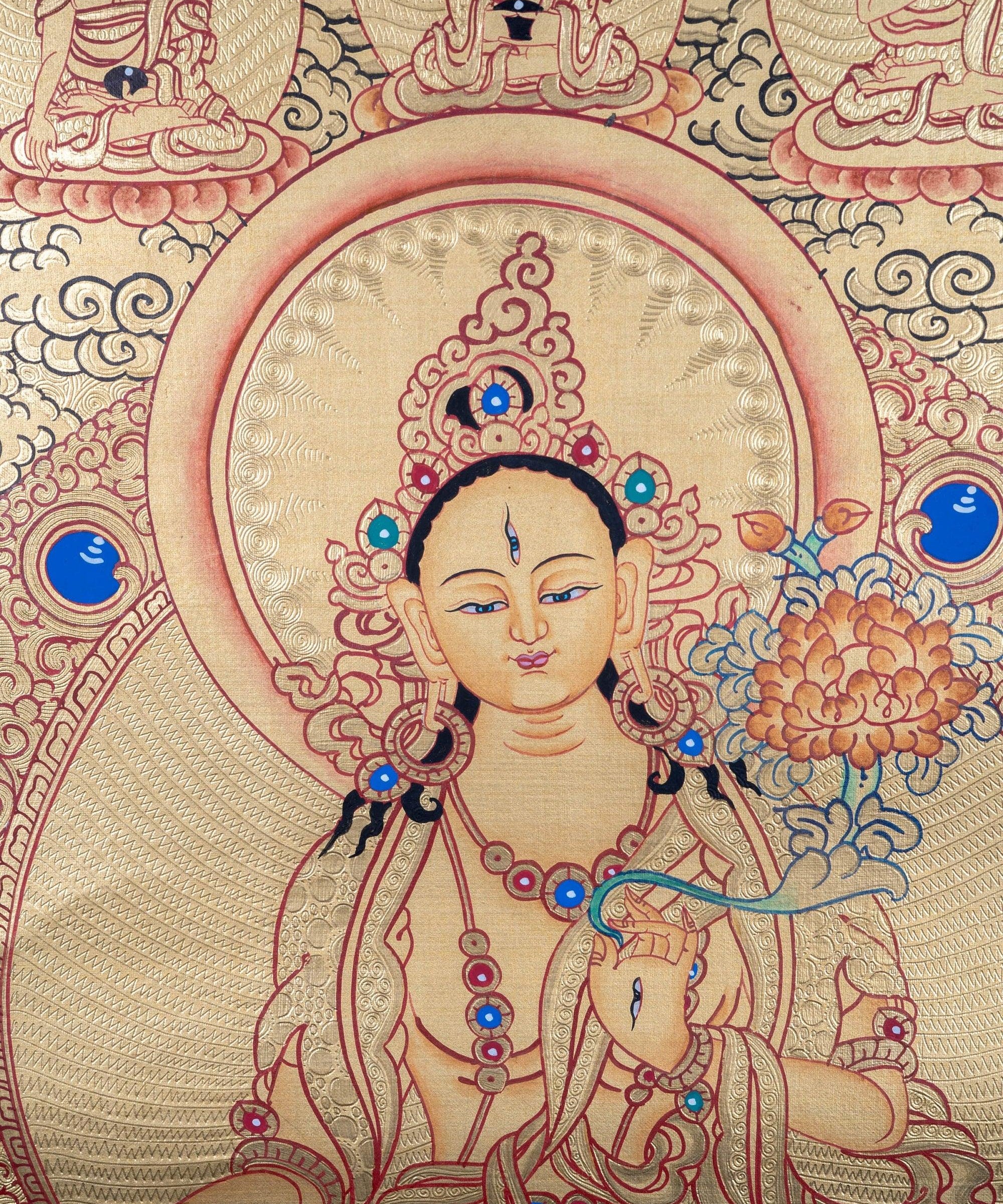White Tara with Five Buddhas Thangka - Himalayas Shop