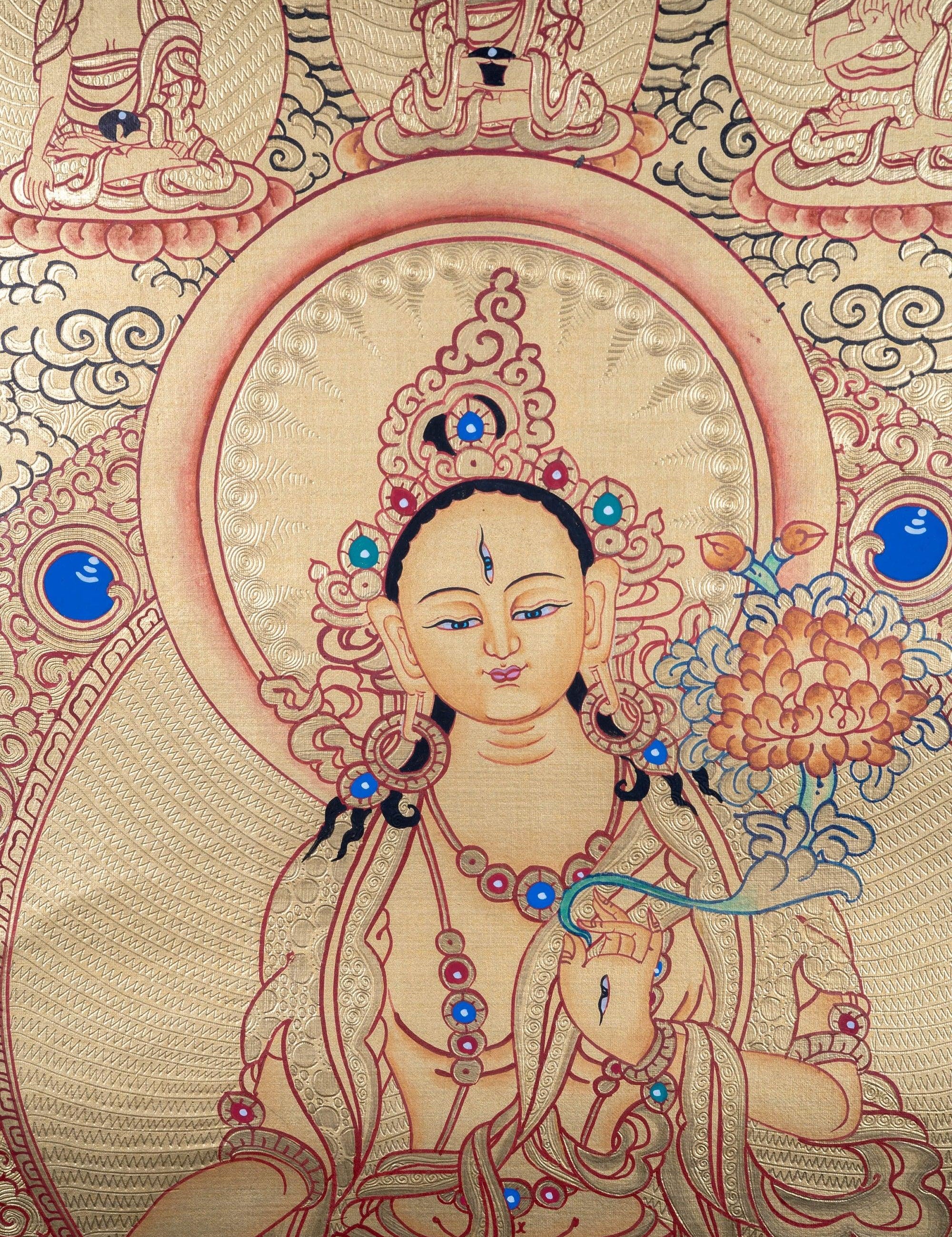 White Tara with Five Buddhas Thangka - Himalayas Shop