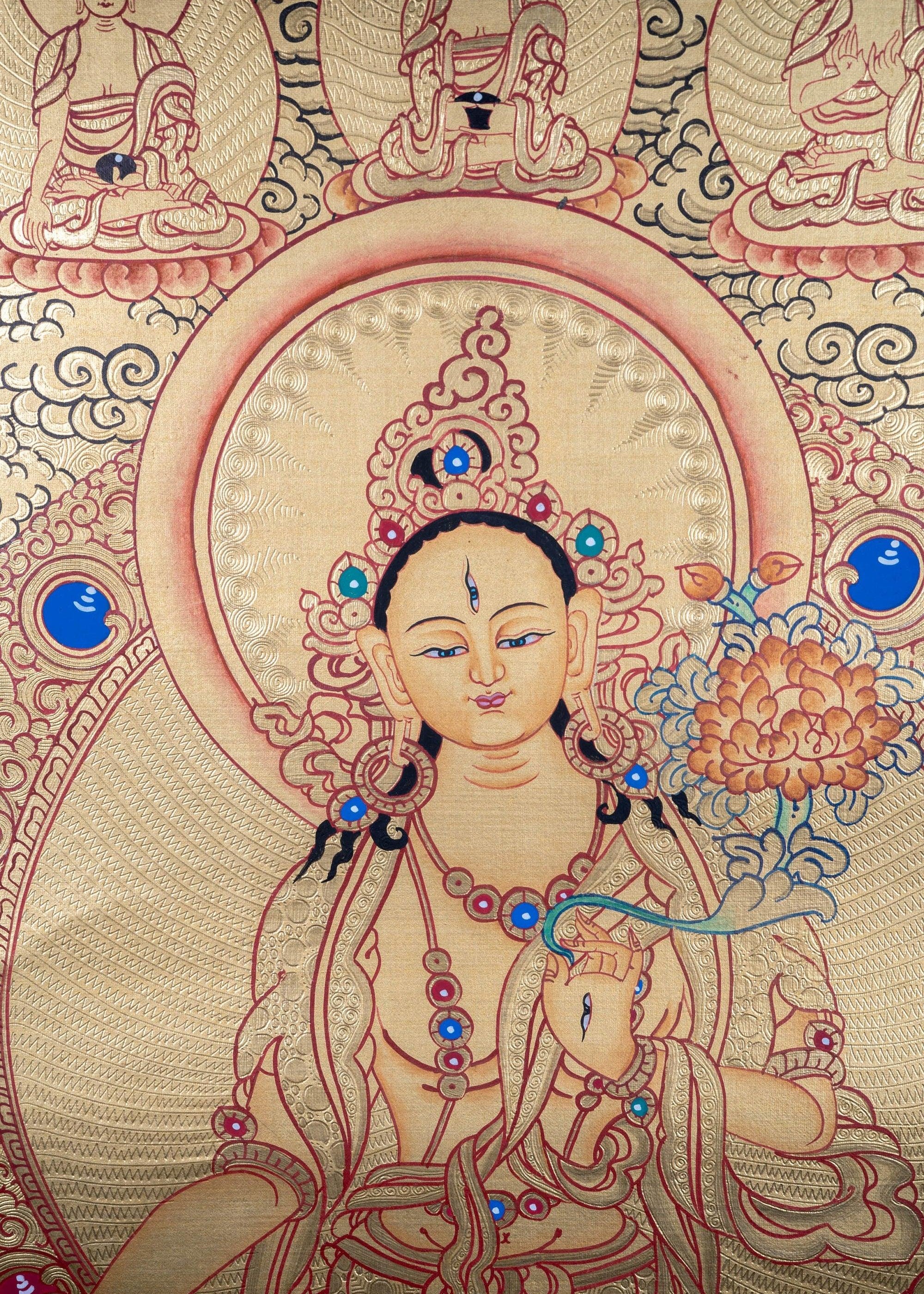 White Tara with Five Buddhas Thangka - Himalayas Shop
