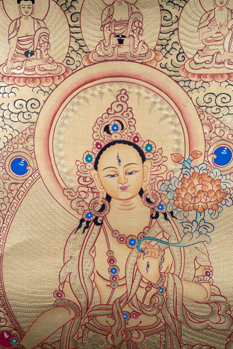 White Tara with Five Buddhas Thangka - Himalayas Shop
