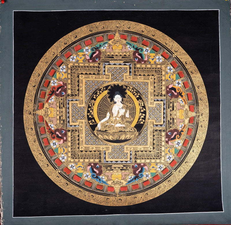 White Tara Round Mandala Tibetan Thangka Art - Himalayas Shop