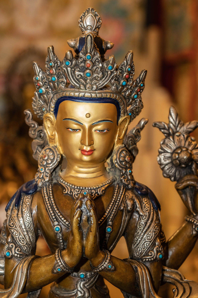 Chenrezig Silver Plated Oxidized Statue - Himalayas Shop