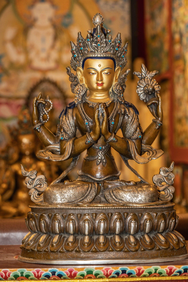 Chenrezig Silver Plated Oxidized Statue - Himalayas Shop