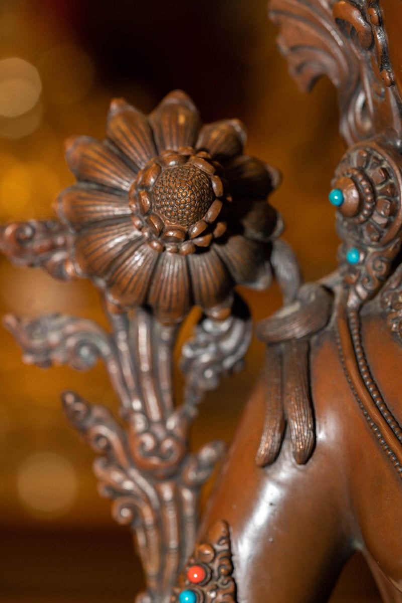 Copper Oxidized Green Tara Statue with coral and turquoise large size handmade