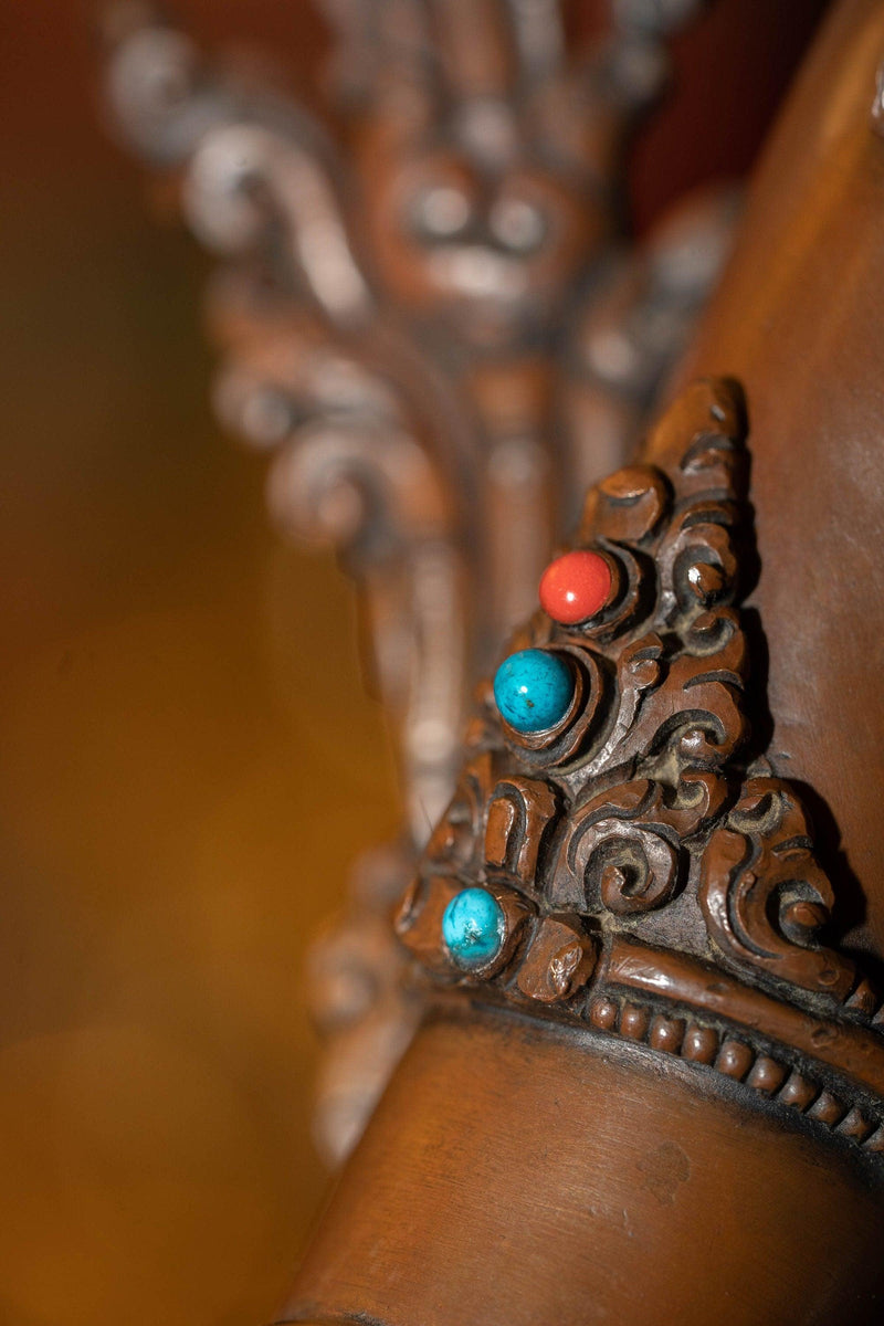 Copper Oxidized Green Tara Statue with coral and turquoise large size handmade