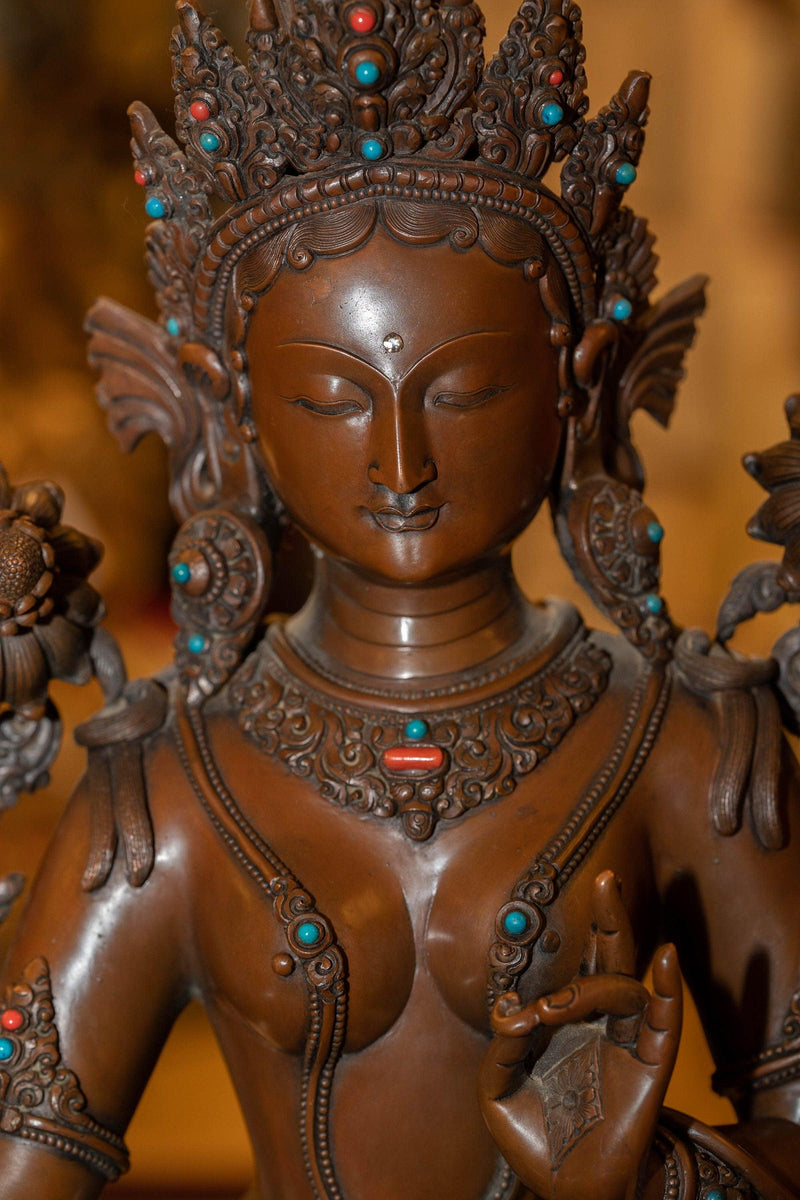 Copper Oxidized Green Tara Statue with coral and turquoise large size handmade  