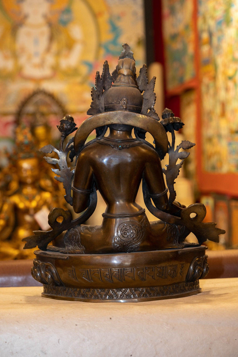 Copper Oxidized Green Tara Statue with coral and turquoise large size handmade