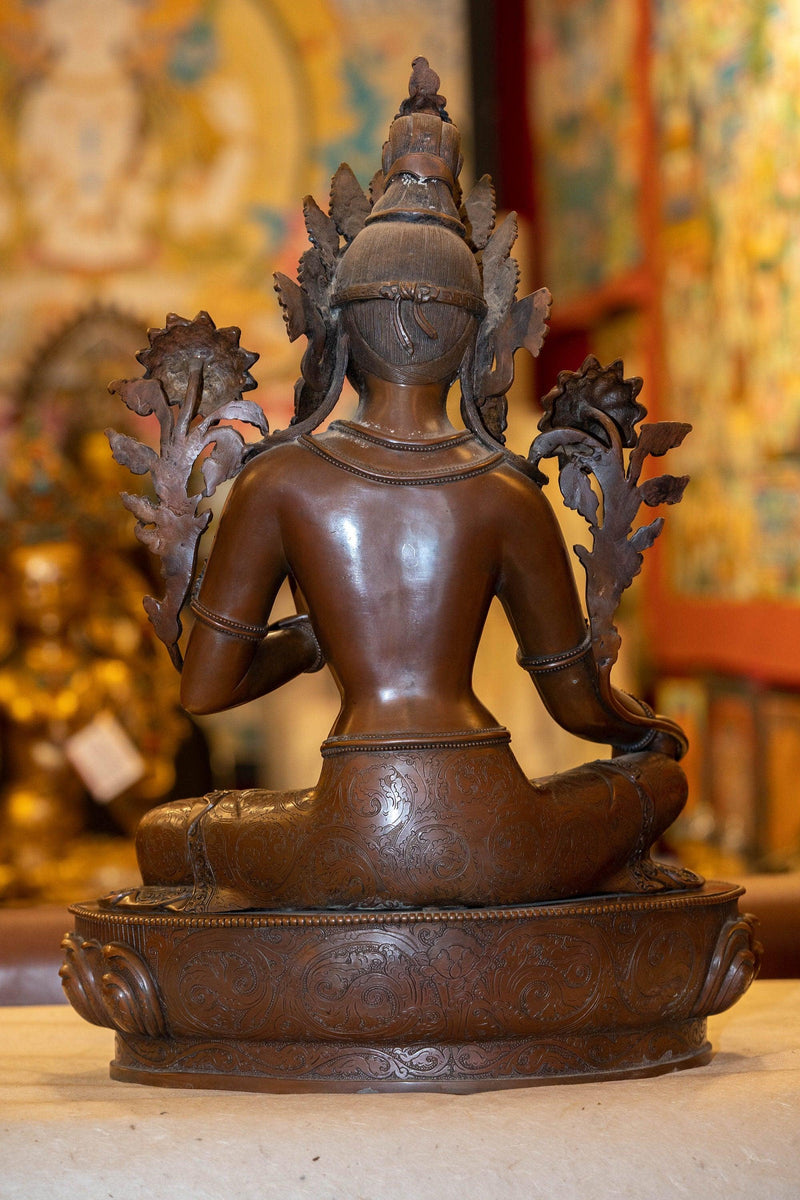 Copper Oxidized Green Tara Statue with coral and turquoise large size handmade