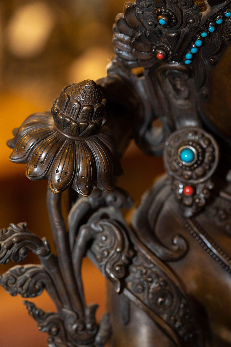Copper Oxidized Green Tara Statue with coral and turquoise large size handmade