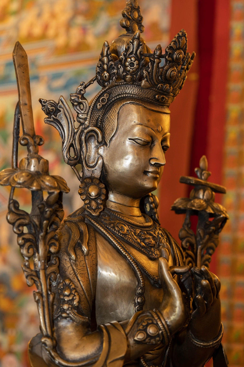 Bronze Manjushri Standing statue handmade in Nepal with detail art work.