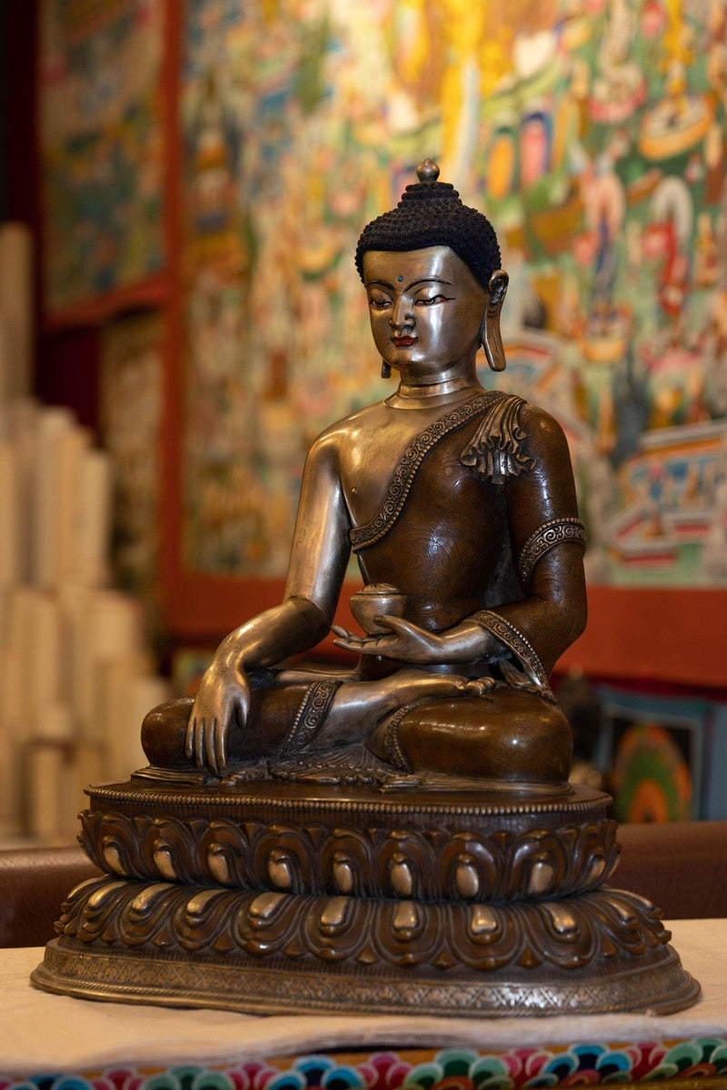 Silver plated Shakyamuni statue handmade with copper metal- an exclusive collection piece large size