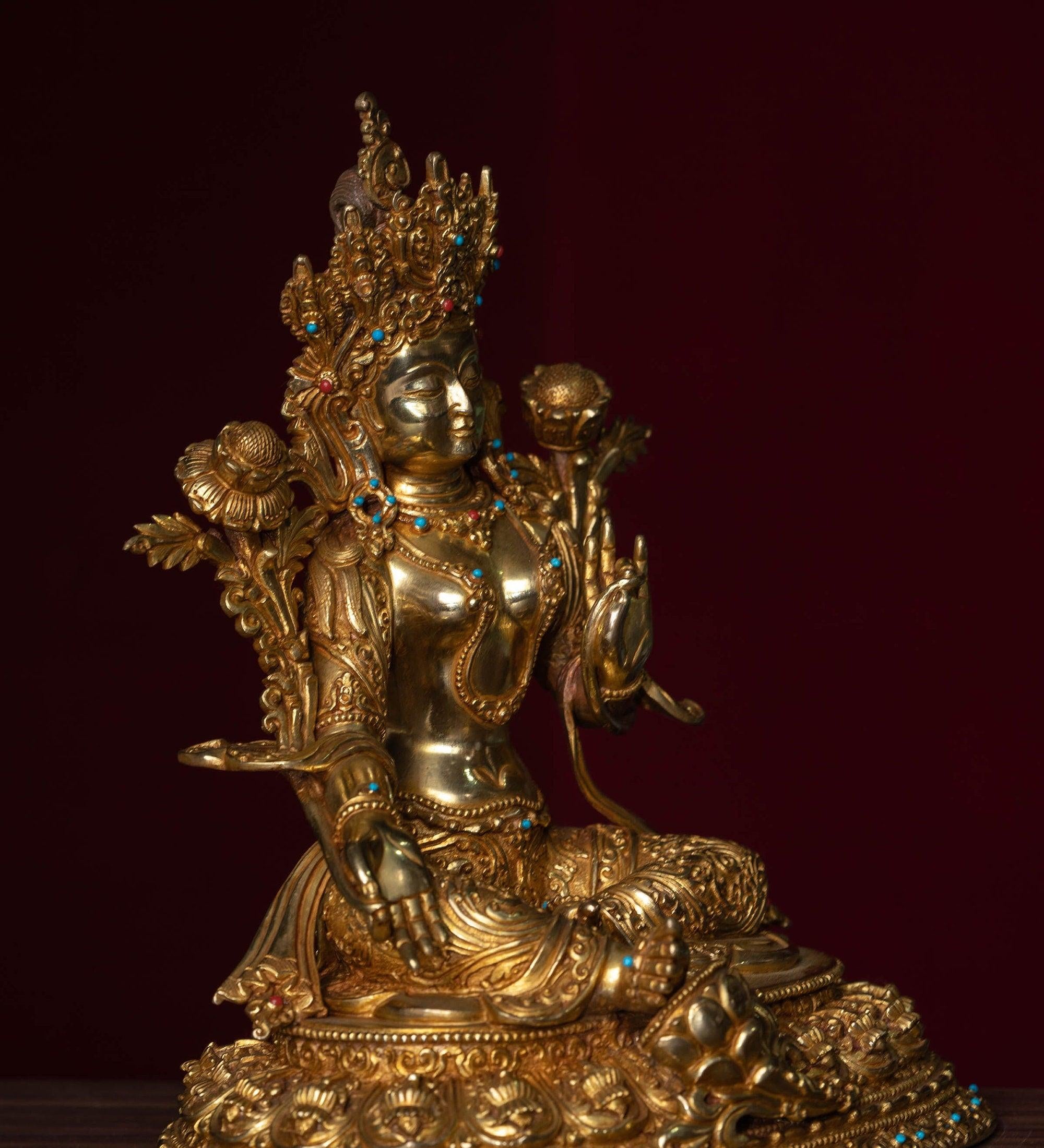 Green tara pure gold statue with coral and turquoise handmade statue 