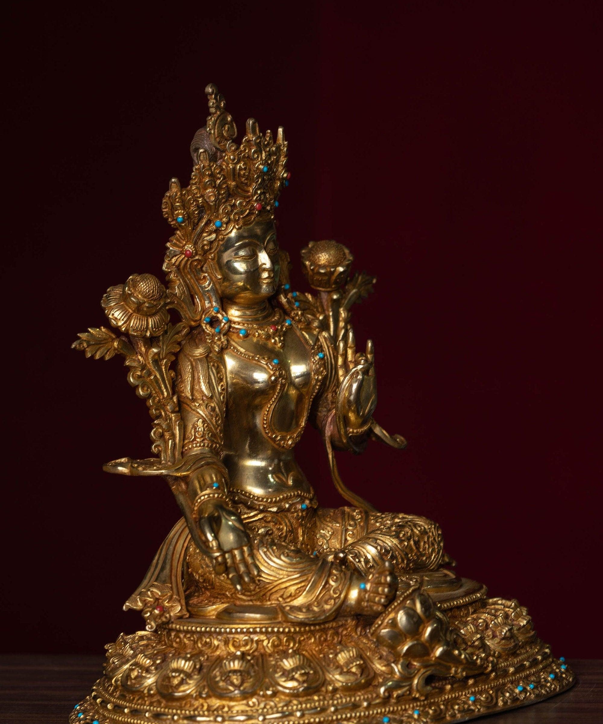 Green tara pure gold statue with coral and turquoise handmade statue 
