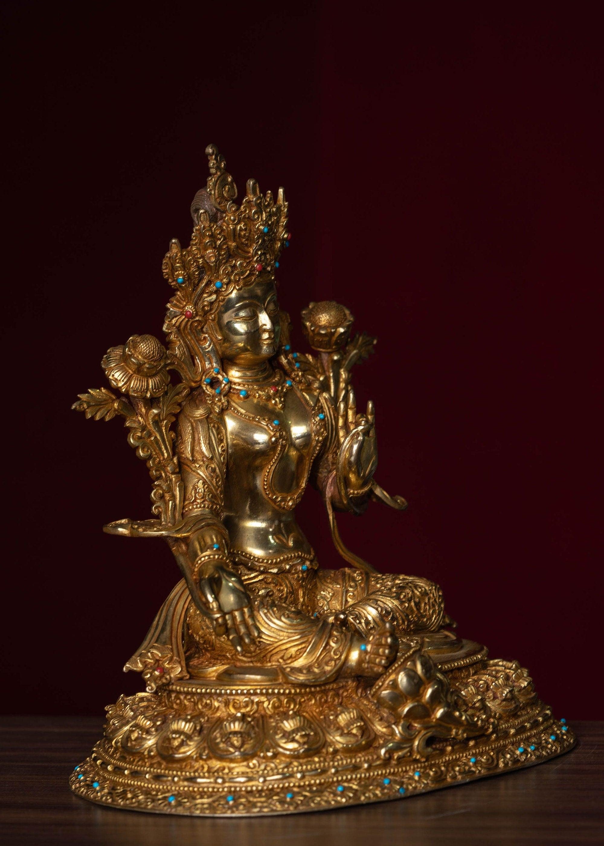 Green tara pure gold statue with coral and turquoise handmade statue 