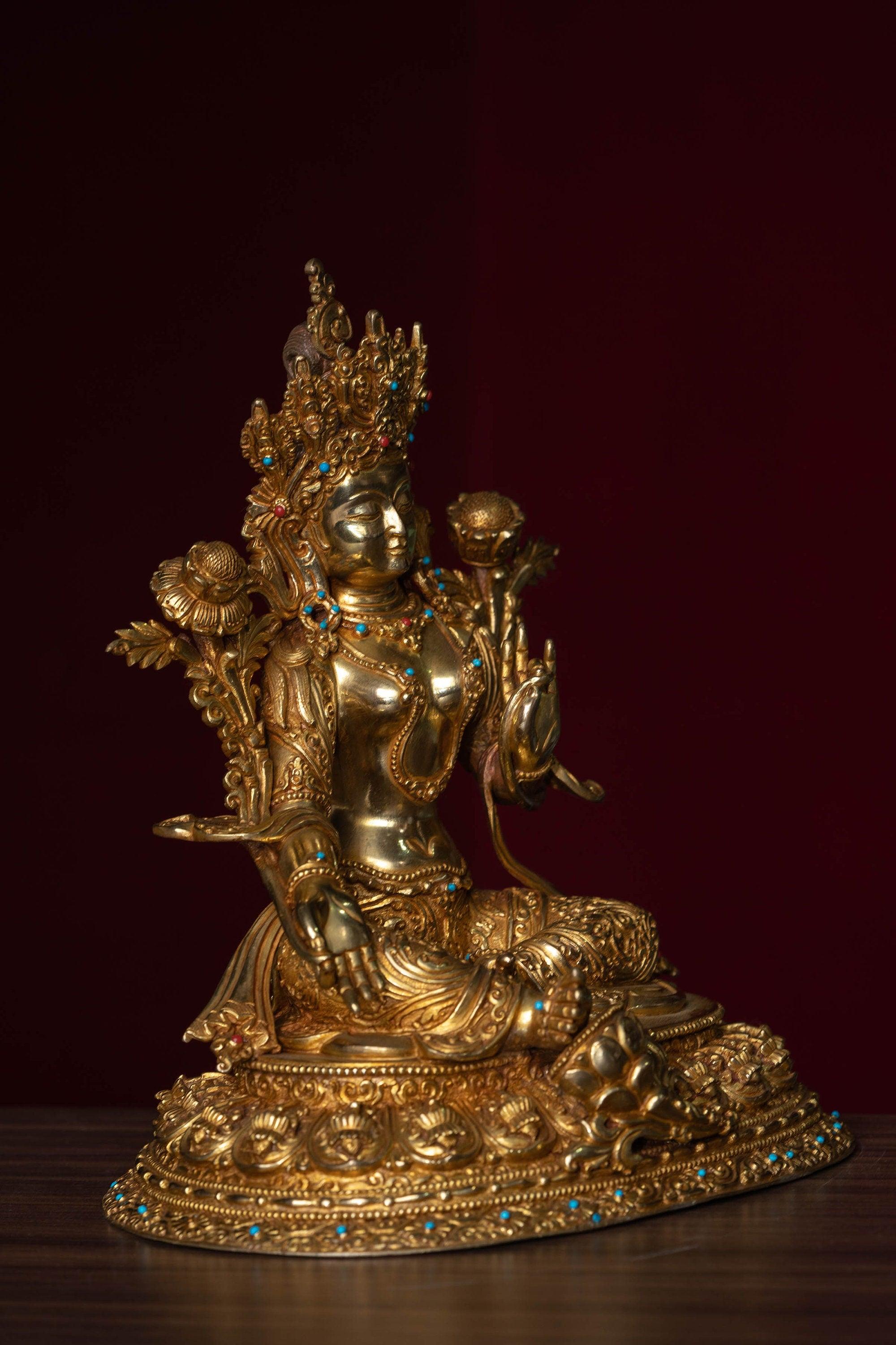 Green tara pure gold statue with coral and turquoise handmade statue 